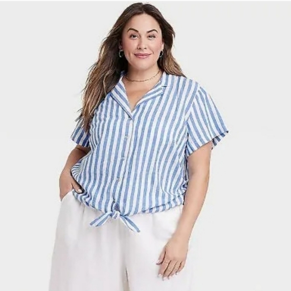 Ava & Viv Womens 4X Blue Striped Linen/Rayon SS Collared Button-Front Shirt